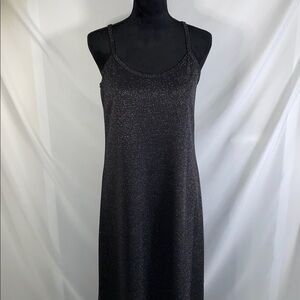 Vintage Land N Sea Black Metallic Lurex Shimmer Maxi Dress Slip Size S